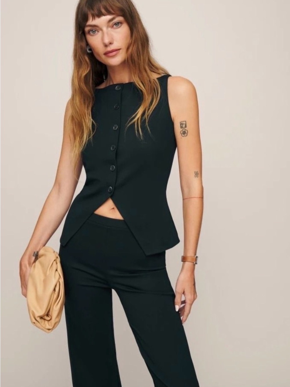 REFORMATION Sleeveless Buttoned Waist-Length Top and Pants Set - Black XS
